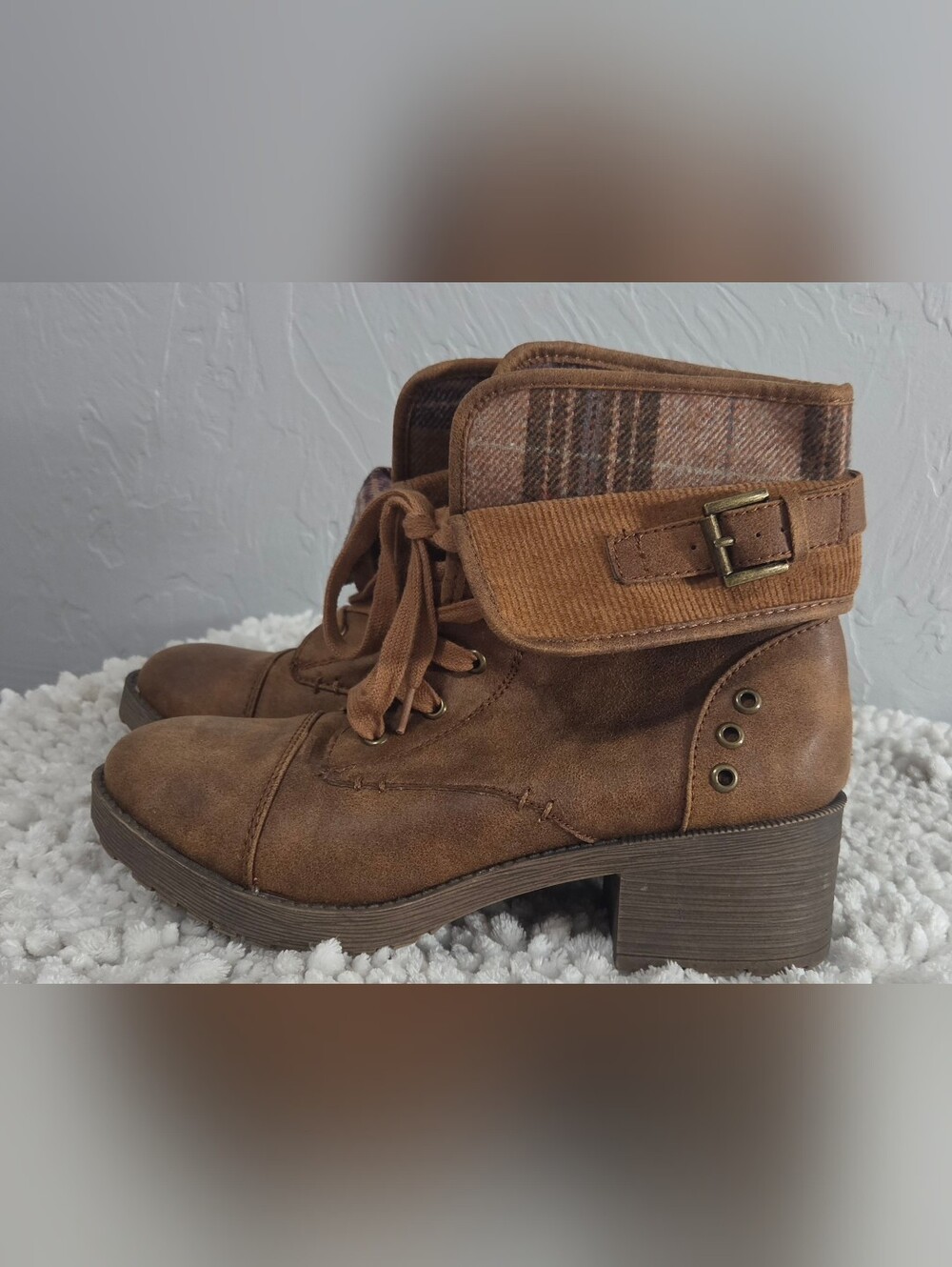 Rock & Candy Lace-Up Booties Size 7.5 Brown Plaid Grunge Combat Fall